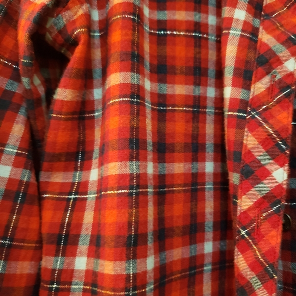 Cute red plaid flannel shirt with silver metallic threads throughout. Like new - Picture 3 of 8